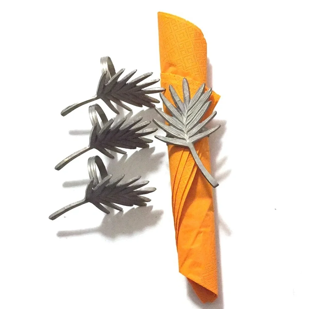 SUR LA TABLE Palm leaf napkin rings 4” long pewter metal silver-tone-Set of 4